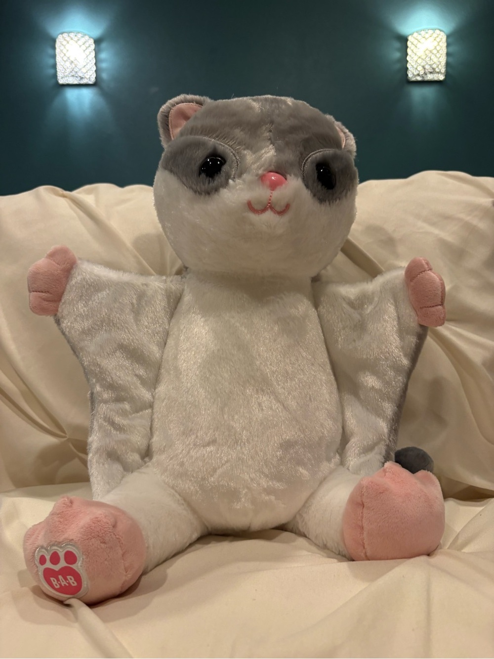 New Build-A-Bear Workshop Flying Squirrel Plush Stuffed Animal Gray White Pink